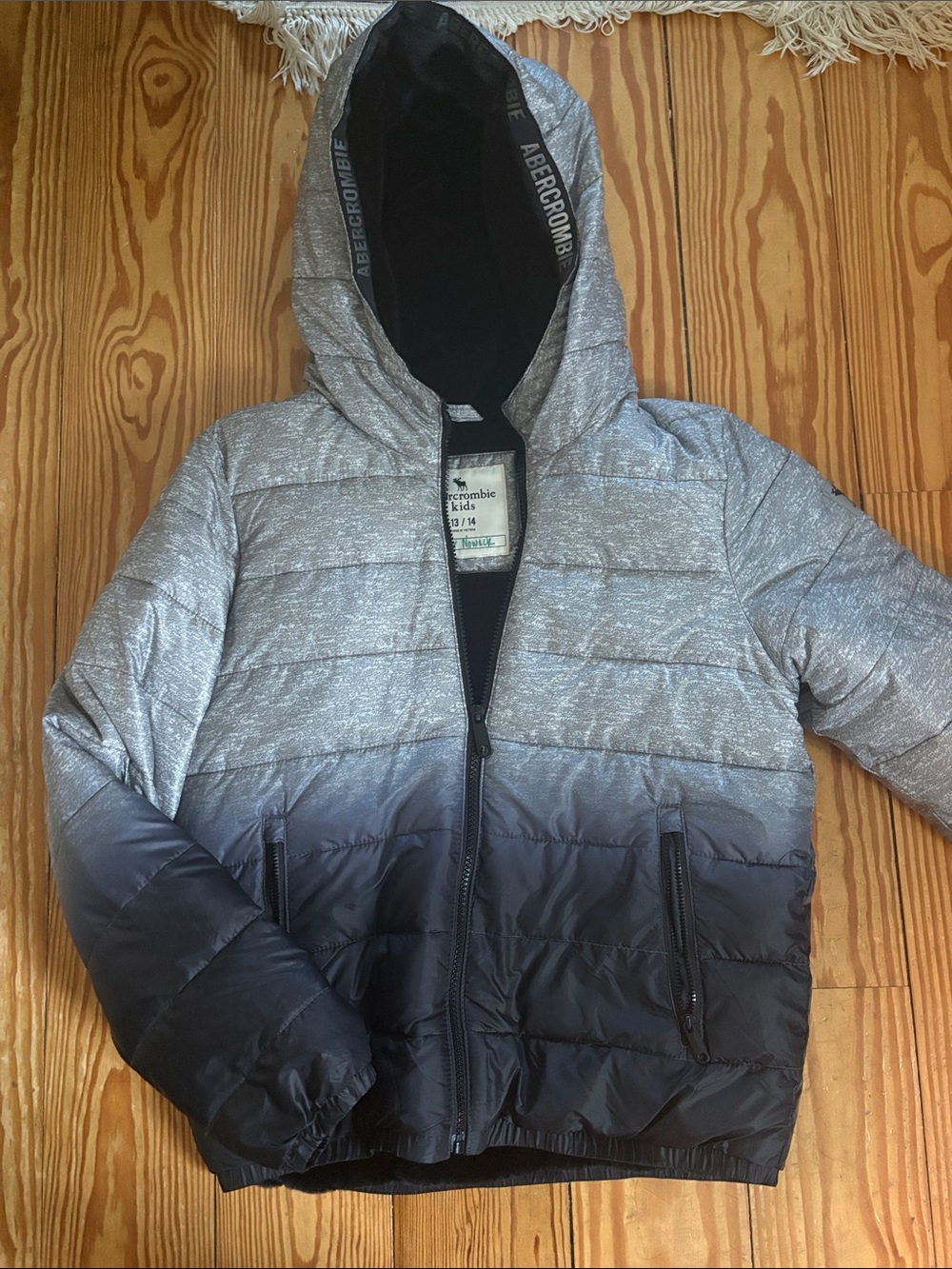 Abercrombie Ombre Gray to Black Hooded Puffer Jacket